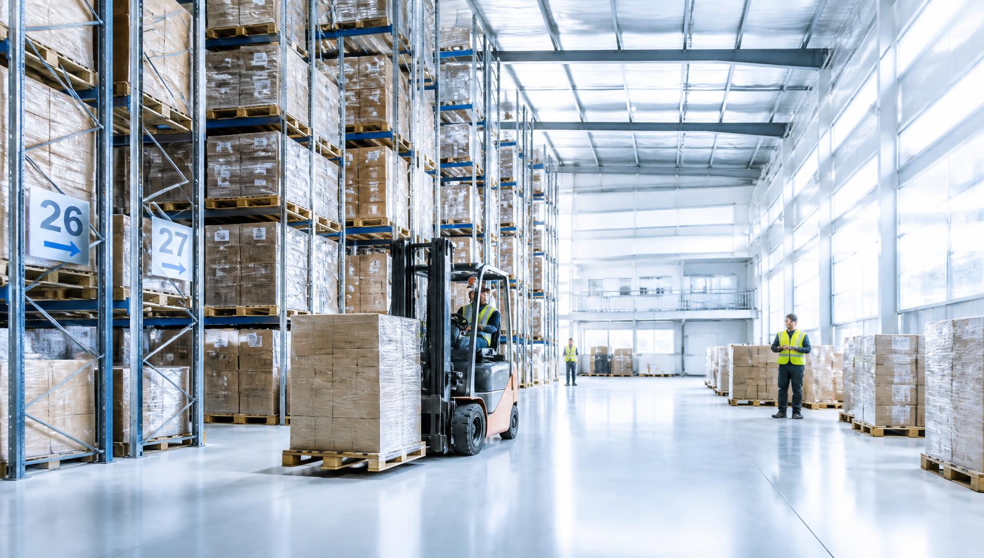 Bright distribution warehouse with palletized goods, racking, a forklift, and workers in high-visibility safety gear